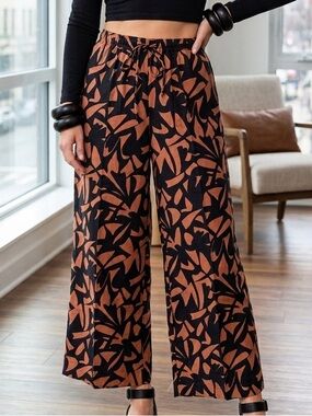 New Day Women's High-Rise Wide Leg Linen/Rayon Pull-On Pants in Rust/Black M
